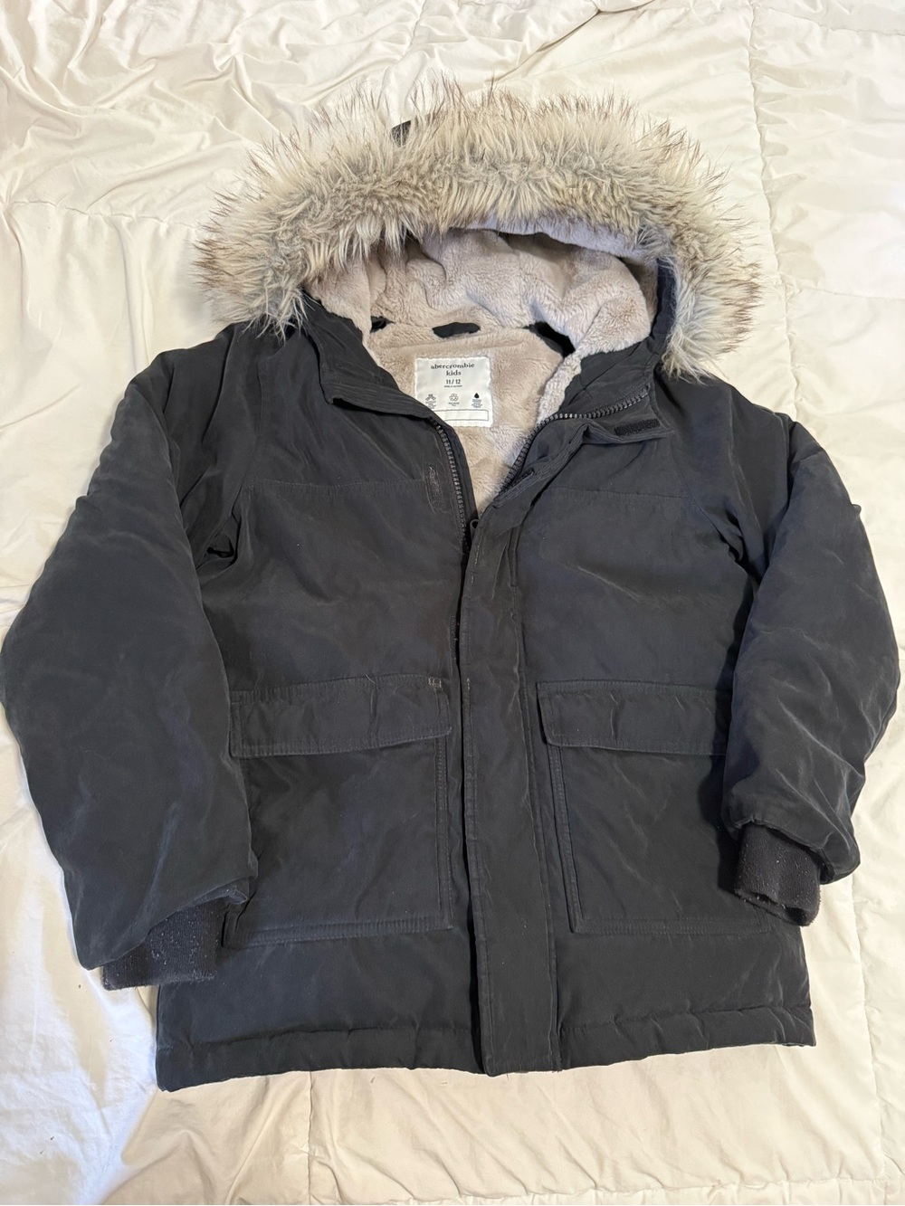 abercrombie kids Black Puffer Parka with Faux Fur Hood